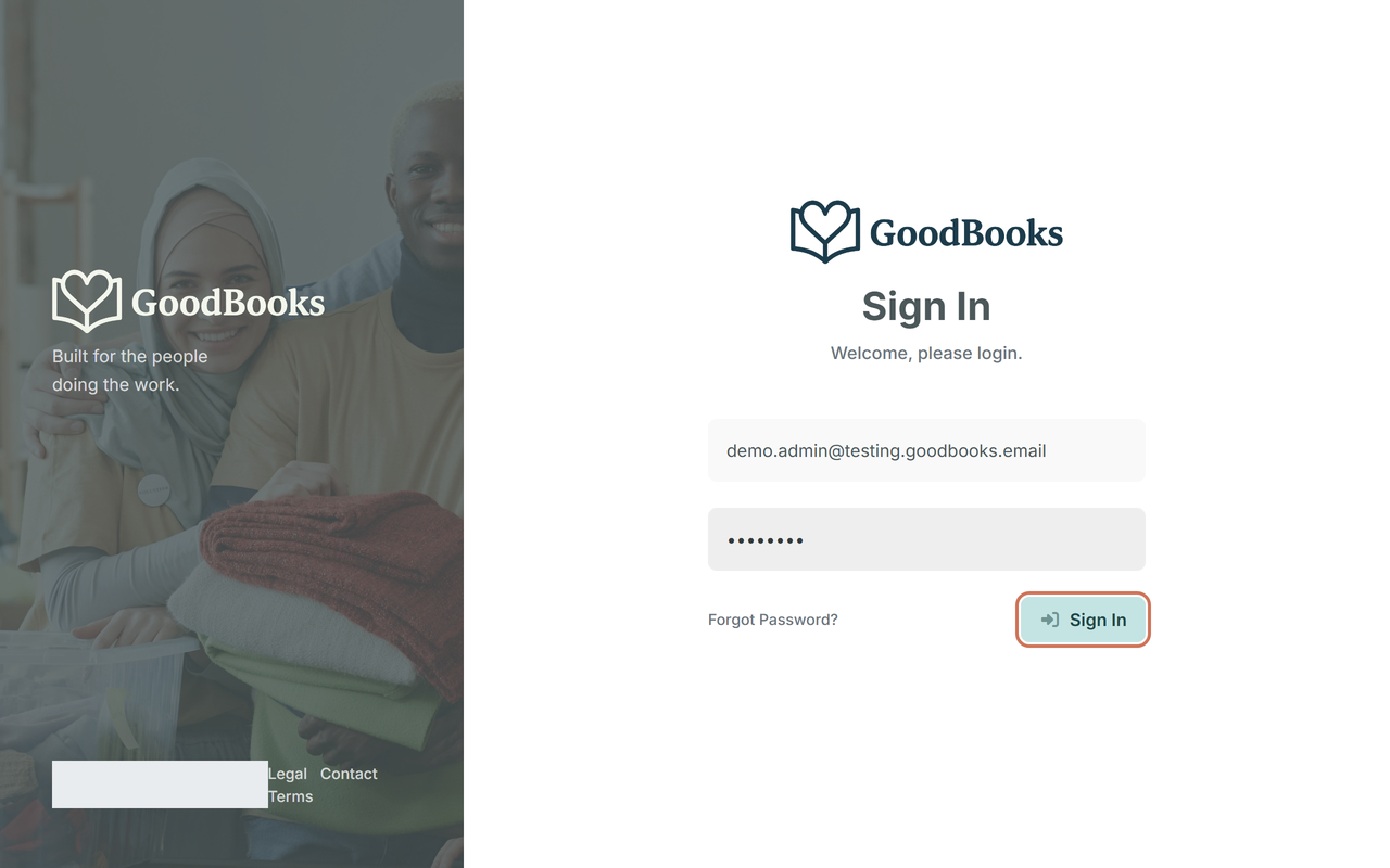 The GoodBooks sign-in page with email and password fields and a highlighted Sign In button