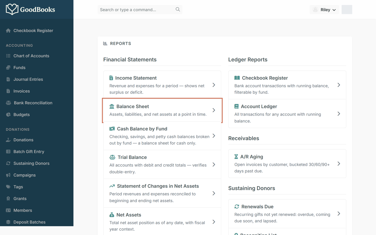 The Reports page listing financial statements, with the Balance Sheet link highlighted