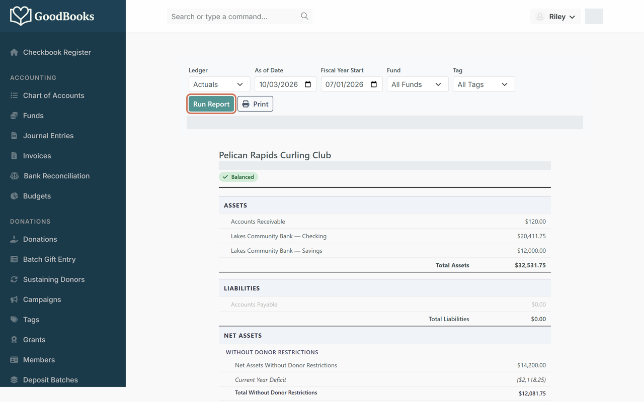 The Balance Sheet report with date and fund filters and a highlighted Run Report button