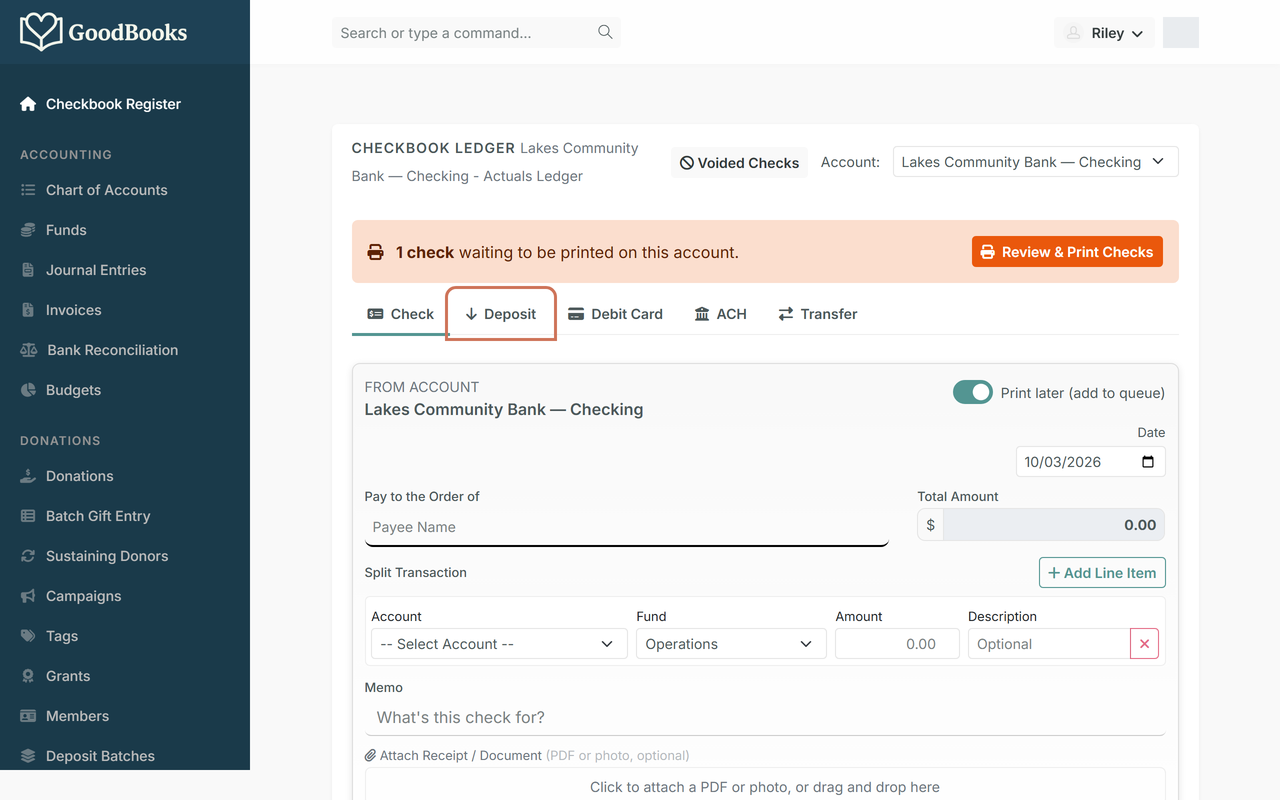 The Checkbook Register with the Deposit tab highlighted