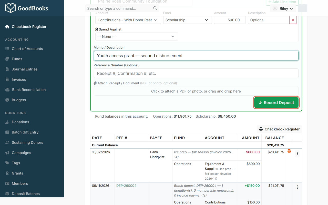 A filled-in deposit form: a $500 grant from a foundation to the Scholarship fund, with the Record Deposit button highlighted