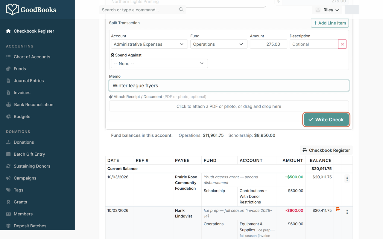A filled-in check to a printing vendor for $275 from the Operations fund, with the Write Check button highlighted