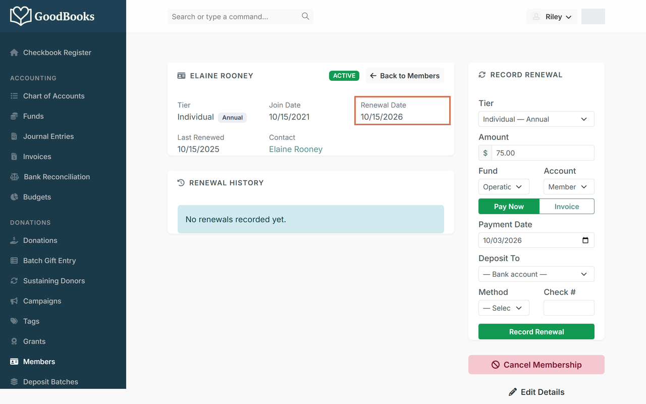 A member record with the Renewal Date field highlighted, alongside a Record Renewal panel