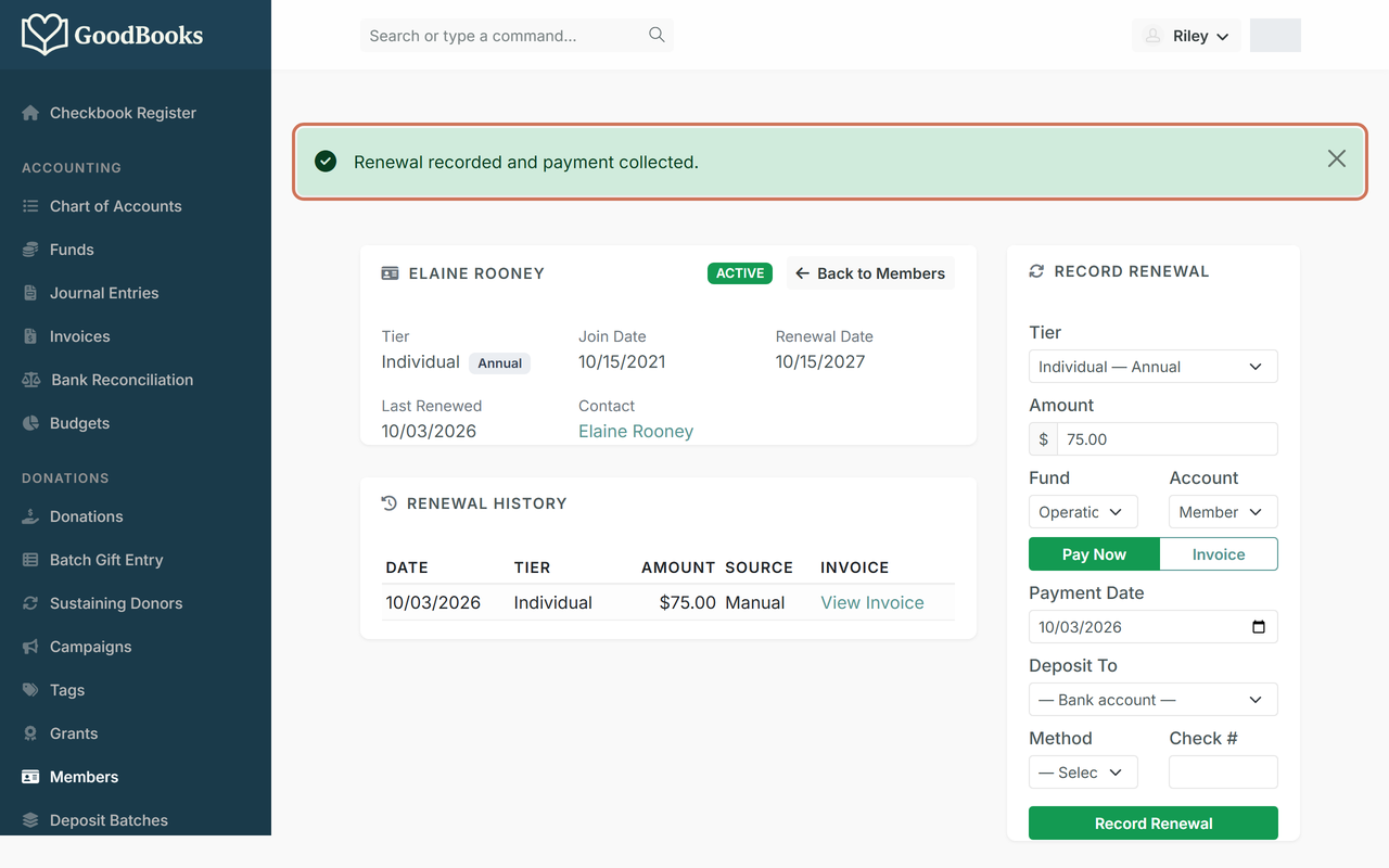 The member page with a green "Renewal recorded and payment collected" message highlighted and the renewal date advanced a year