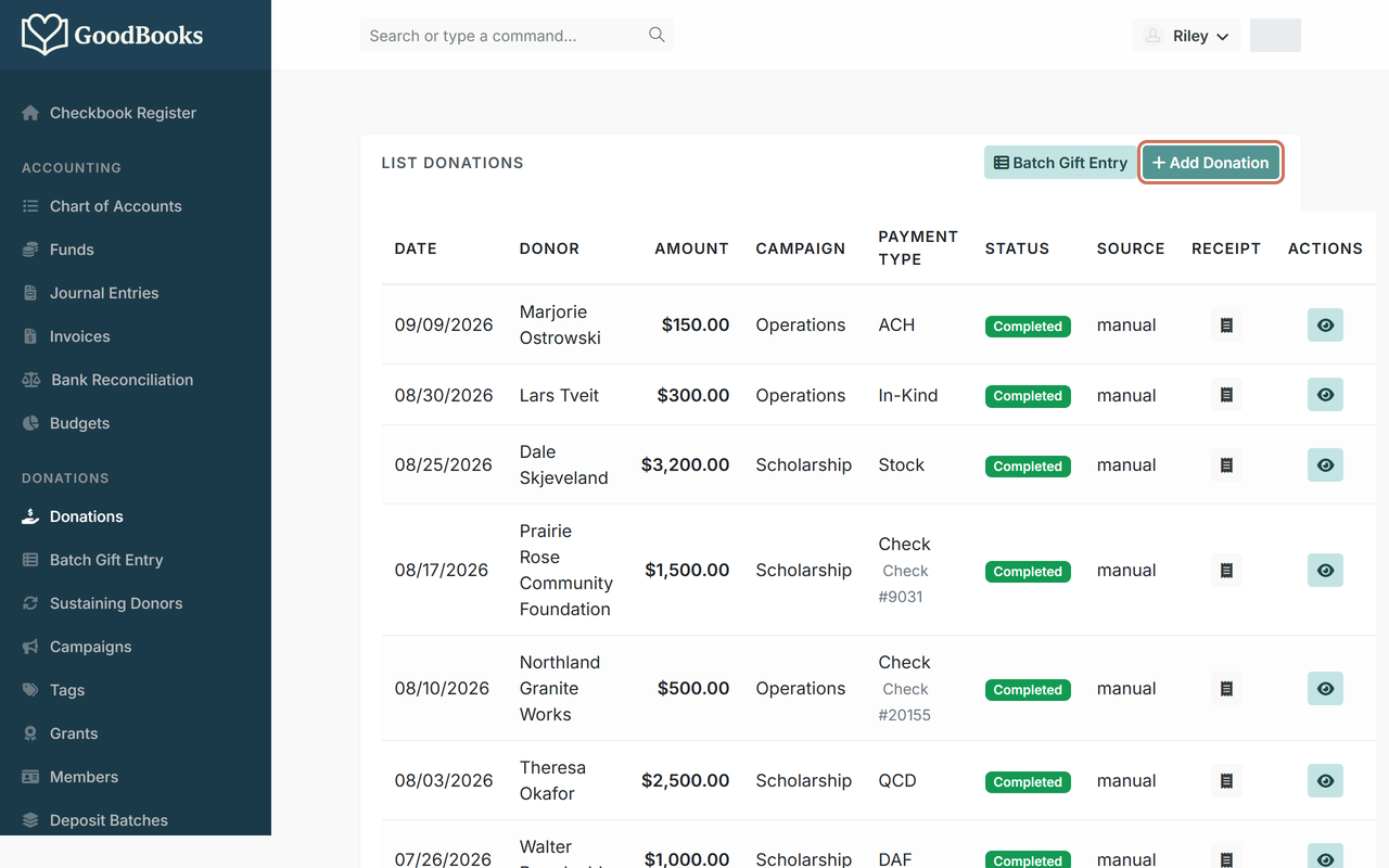 The Donations list with the Add Donation button highlighted