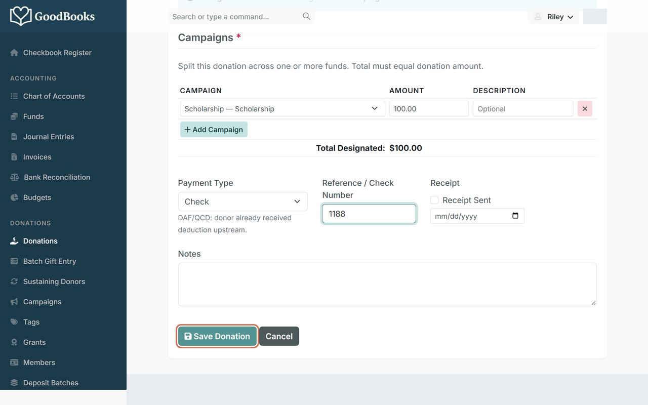 The donation entry form with a $100 check to the Scholarship campaign, with the Save Donation button highlighted