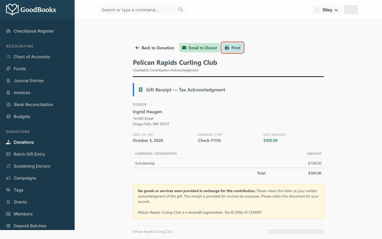 A gift receipt showing the donor, date, amount, and acknowledgment language, with the Print button highlighted