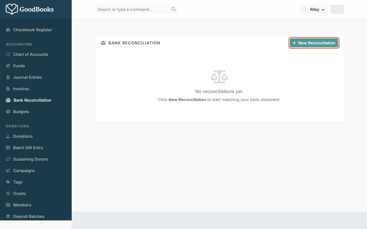 The Bank Reconciliation page with the New Reconciliation button highlighted