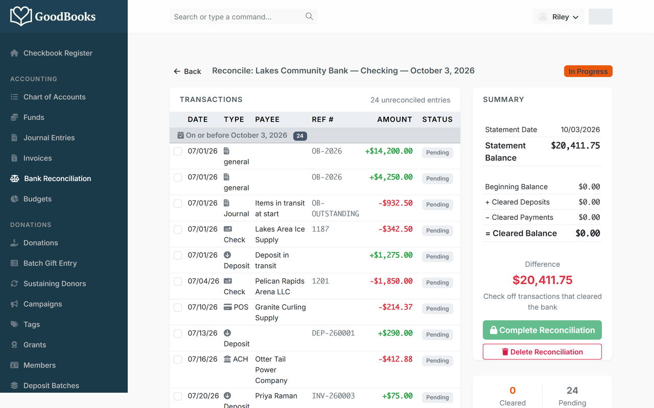 An in-progress reconciliation listing unreconciled transactions on the left and a summary with the statement balance and remaining difference on the right