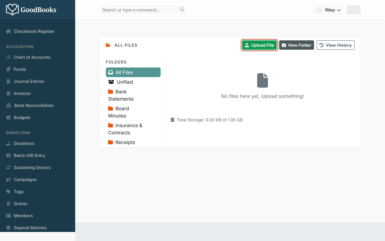 The Shelf document page with folders on the left and the Upload File button highlighted