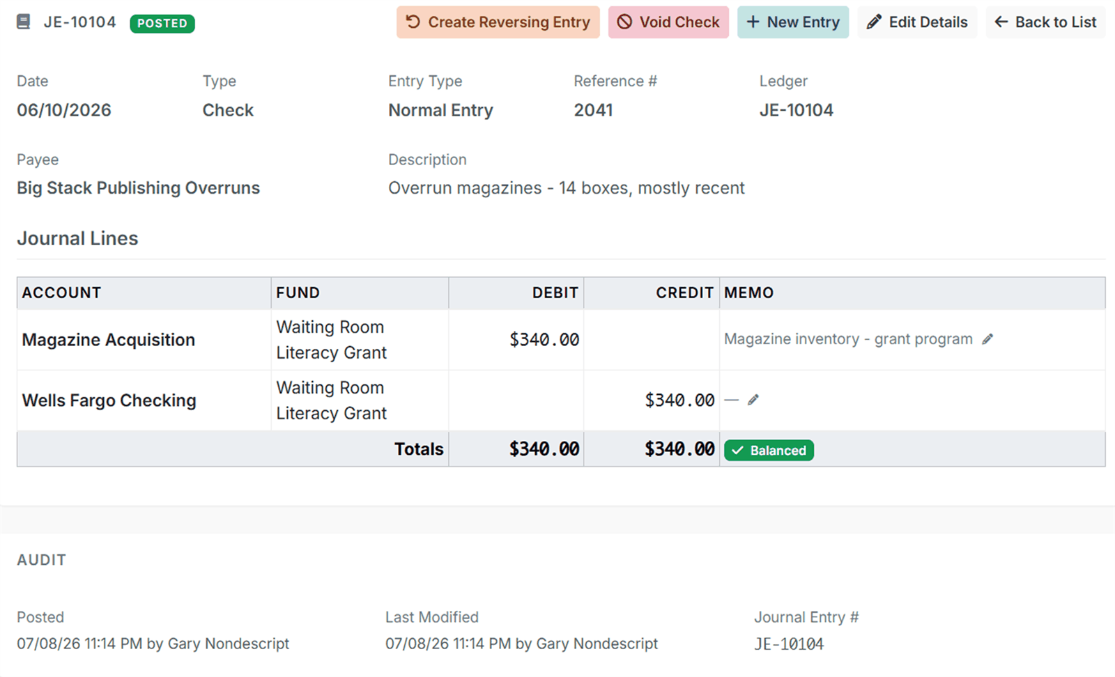 Posted journal entry in GoodBooks double-entry bookkeeping software showing balanced debit and credit lines, each assigned to an account and fund, with a Balanced badge and an audit trail of who posted it and when