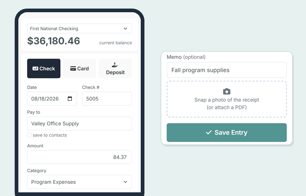 The GoodBooks mobile register on a phone, with quick entry and camera receipt capture