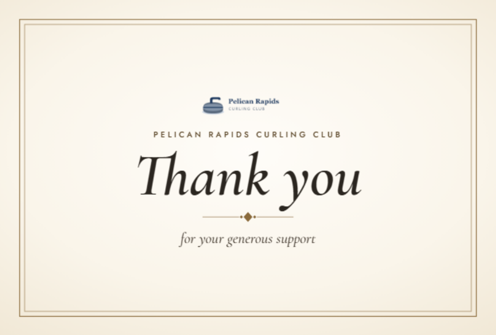 The front of a printed thank-you postcard from a curling club: the club's logo and name above a large script Thank you, for your generous support